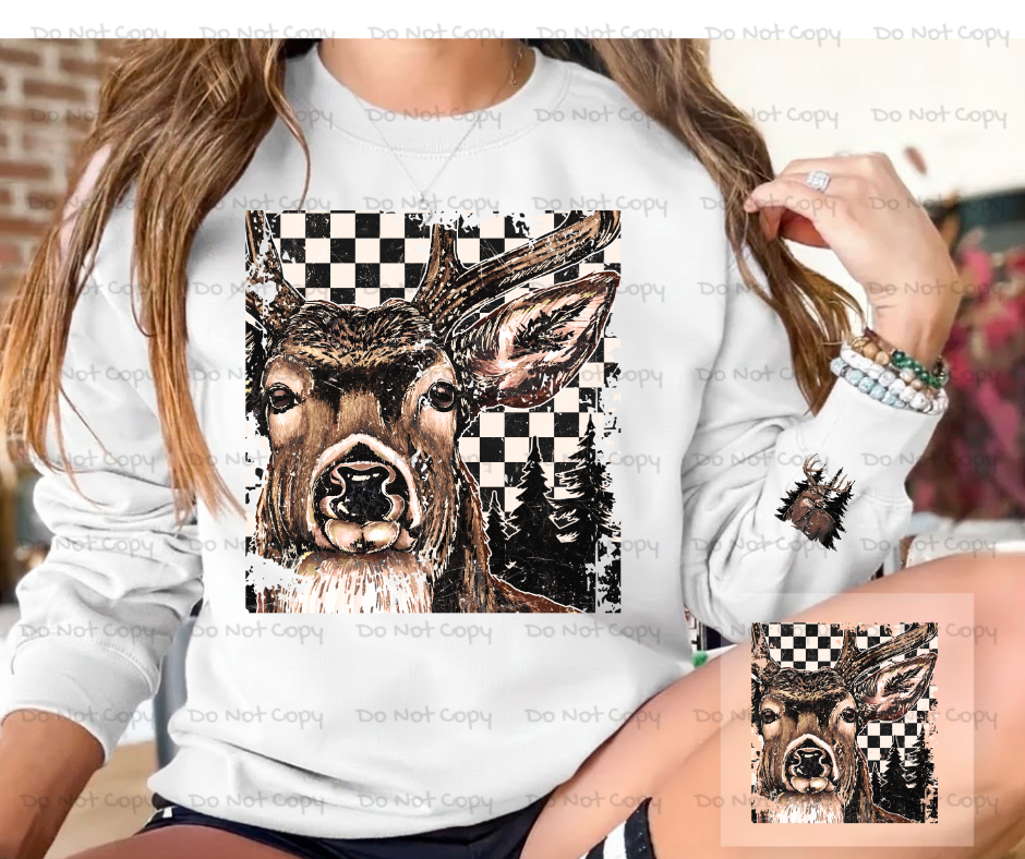 Retro Checkered Deer With  Matching Sleeve-Camo DTF Transfer Prints- Ready To Press