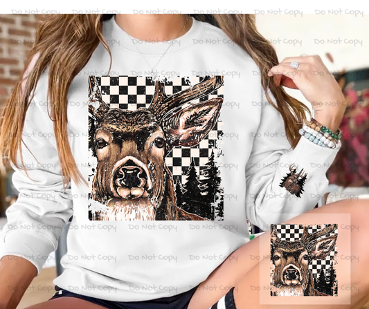 Retro Checkered Deer With  Matching Sleeve-Camo DTF Transfer Prints- Ready To Press