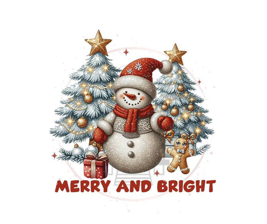 Merry And Bright Snowman- Christmas Snowman DTF Tranfer Prints- Ready To Press