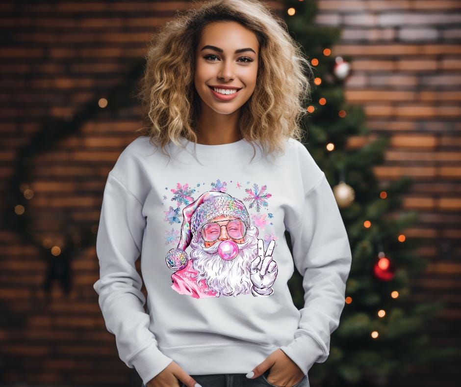 Groovy Pink Disco Santa Blowing Bubble- Santa DTF Transfer Print- Ready To Press