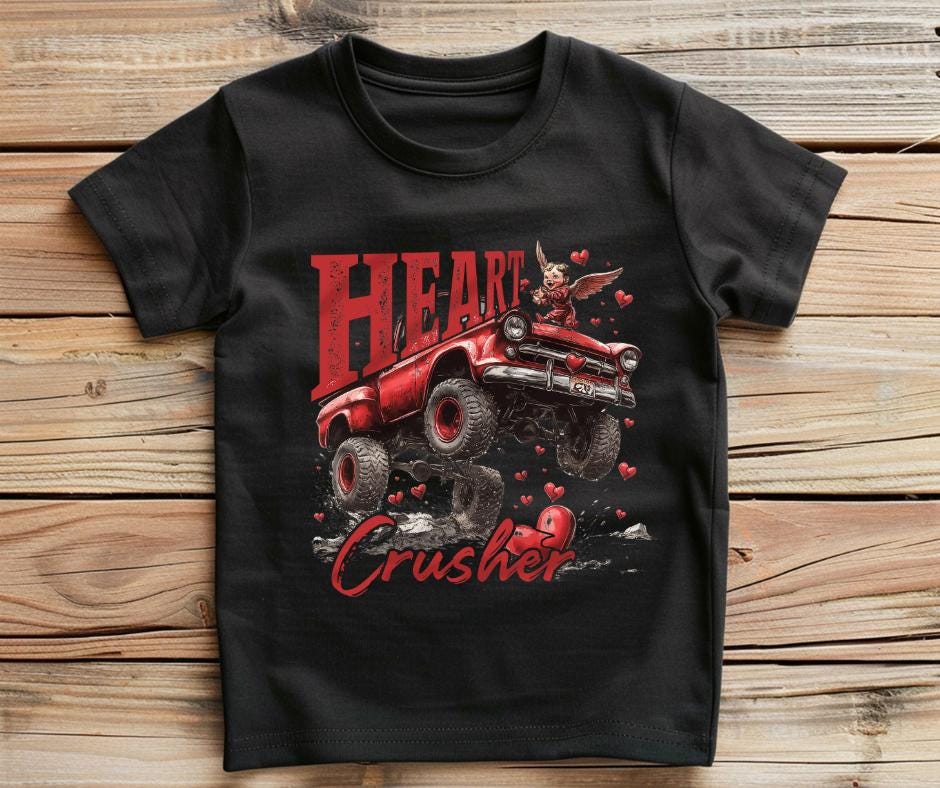 Heart Crusher- Big Red Truck- Valentines Day DTF Transfer Prints-Ready To Press