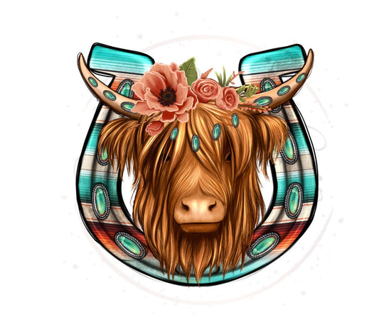 Floral Highland Cow Horseshoe DTF Transfer Print(Only) Ready To Press