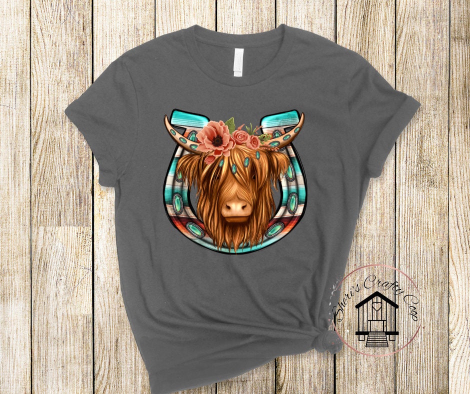 Floral Highland Cow Horseshoe DTF Transfer Print(Only) Ready To Press