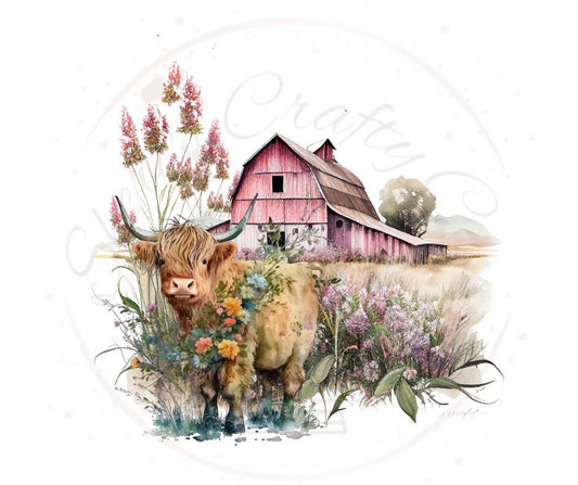 Highland Cow Barn Image DTF Transfer Print(Only) Ready To Prss