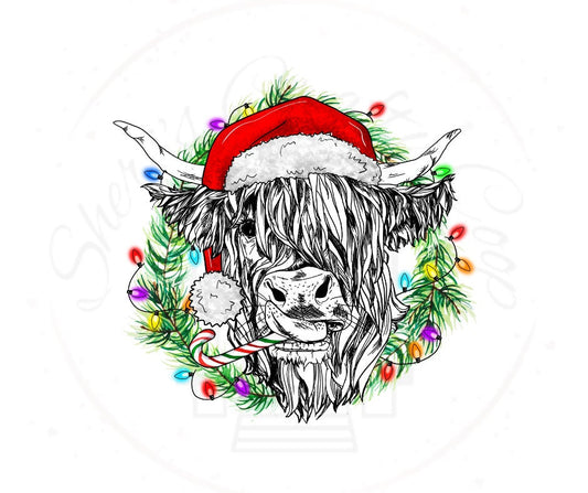 Highland Cow Christmas Wreath DTF  Transfer Print(Only) Ready To Press