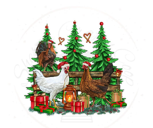 Christmas Chickens With Tree DTF Transfer Print(Only) Ready To Press