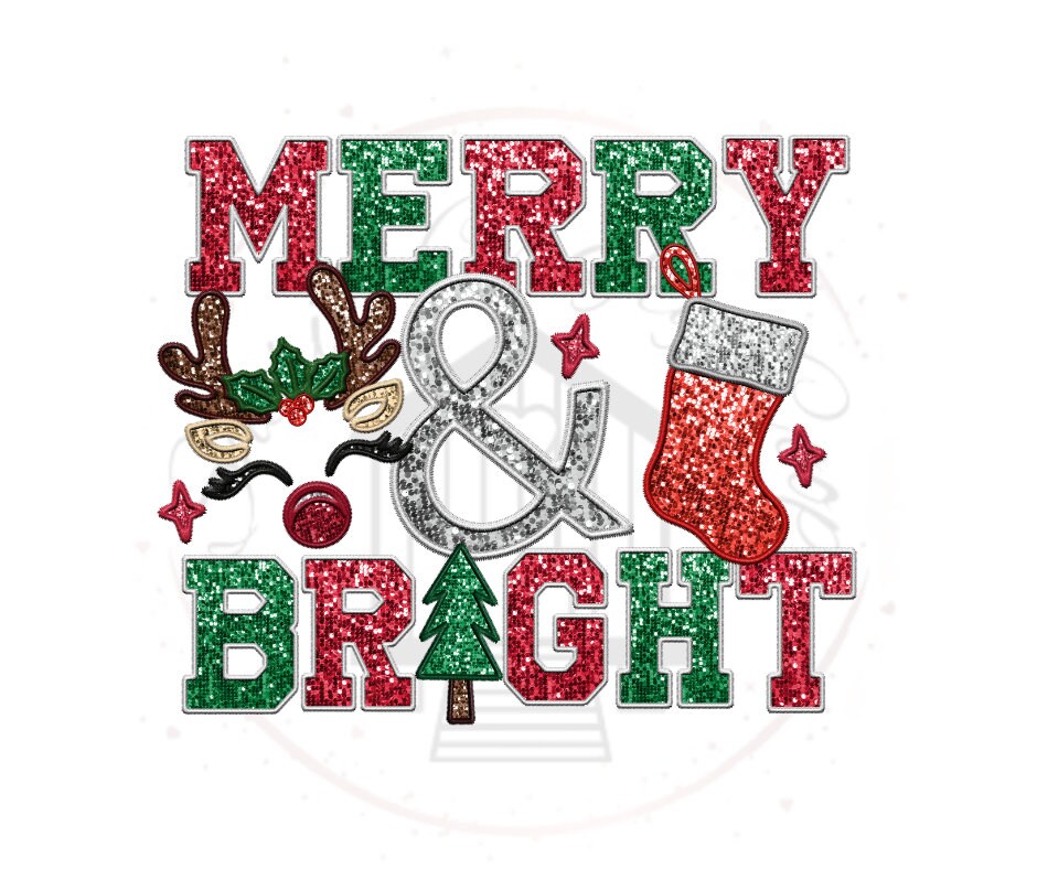 Merry And Bright Christmas Faux Glitter DTF Trasnfer Print(Only) Ready To Press