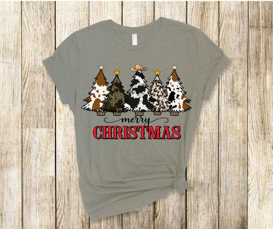 Cow Print Christmas Trees Merry Christmas DTF Transfer Print(Only) Ready To Press