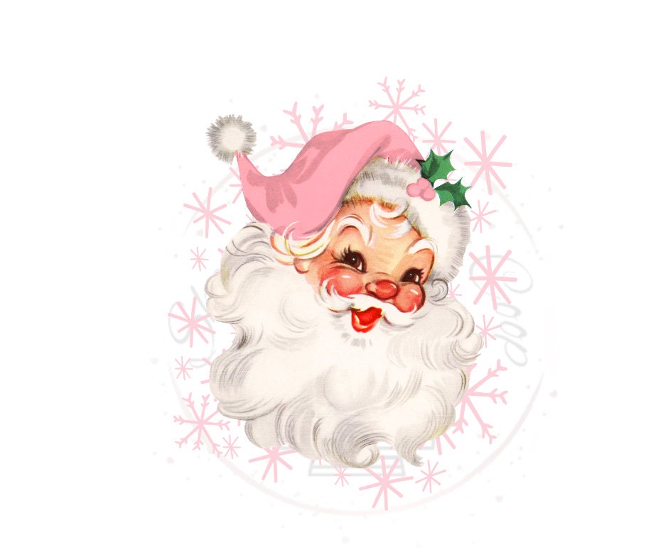 Vintage Pink Santa With Snowflakes DTF Transfer Print(Only) Ready To Press