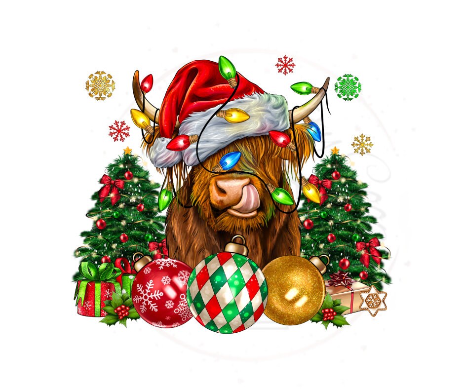 Christmas Highland Cow With Santa Hat DTF Transfer Print(only) Ready To Press