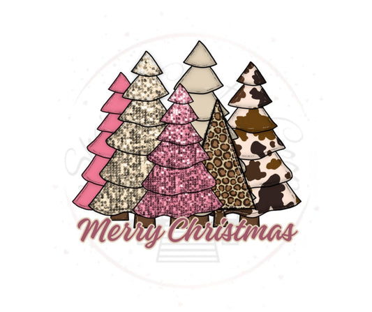 Pink Glitter & Cow Print Christmas Trees DTF Transfer Print(only) Ready To Press