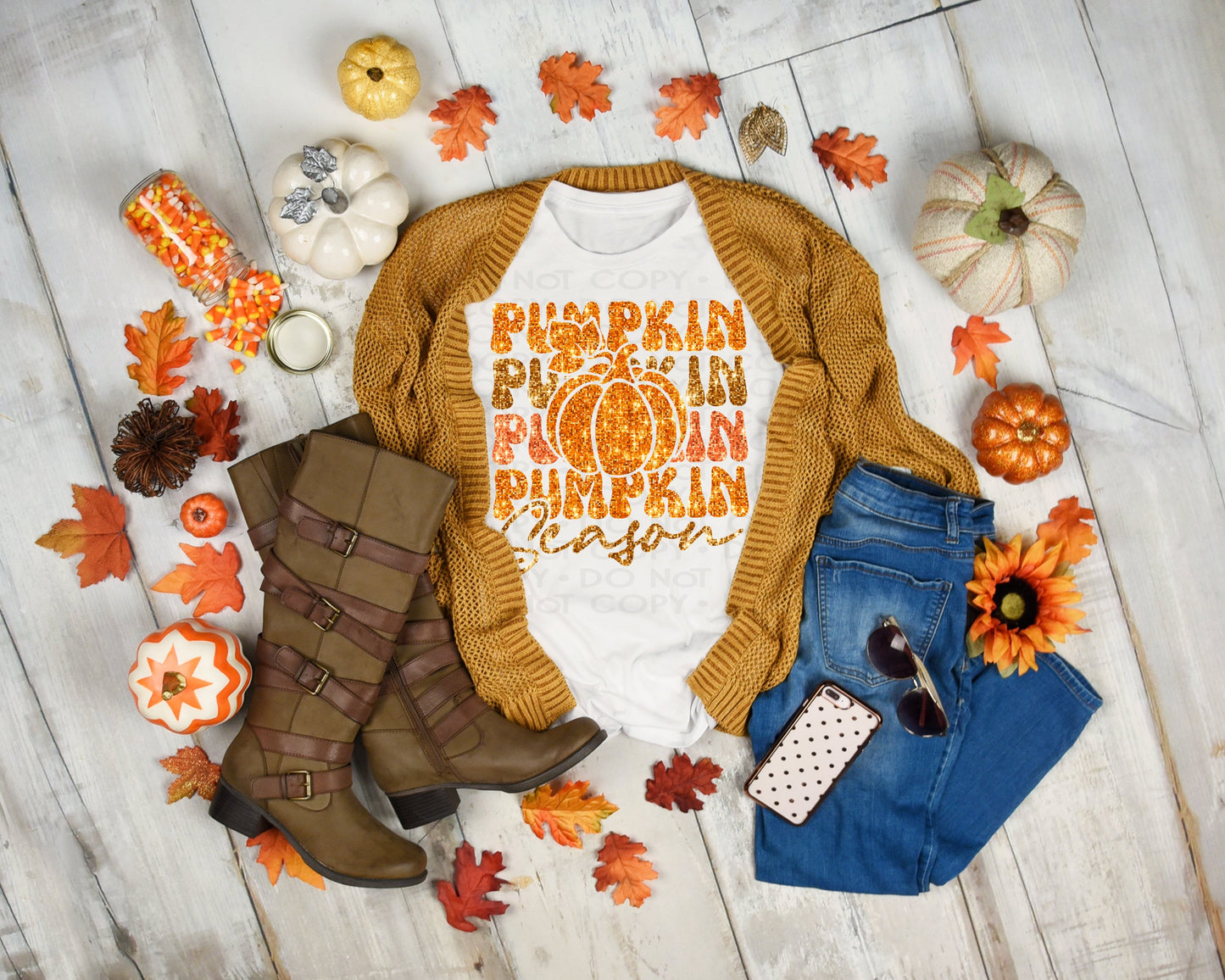 Faux Glitter Pumpkin Season Faux Sequin DTF Transfer Print(only) Ready To Press