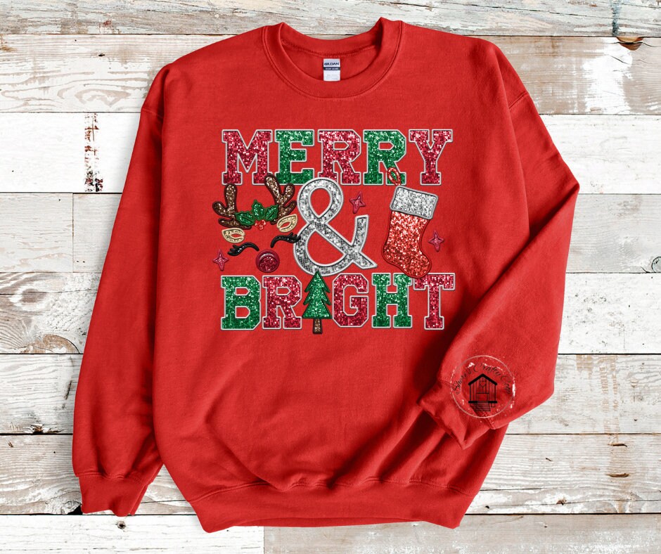 Merry And Bright Christmas Faux Glitter DTF Trasnfer Print(Only) Ready To Press