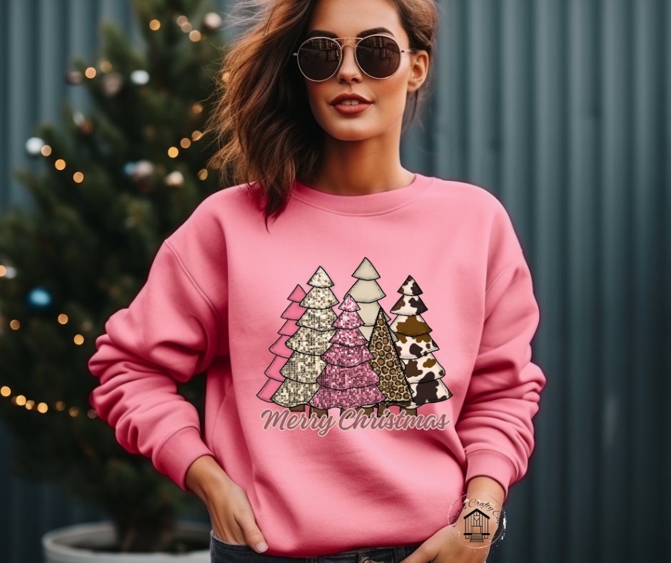 Pink Glitter & Cow Print Christmas Trees DTF Transfer Print(only) Ready To Press