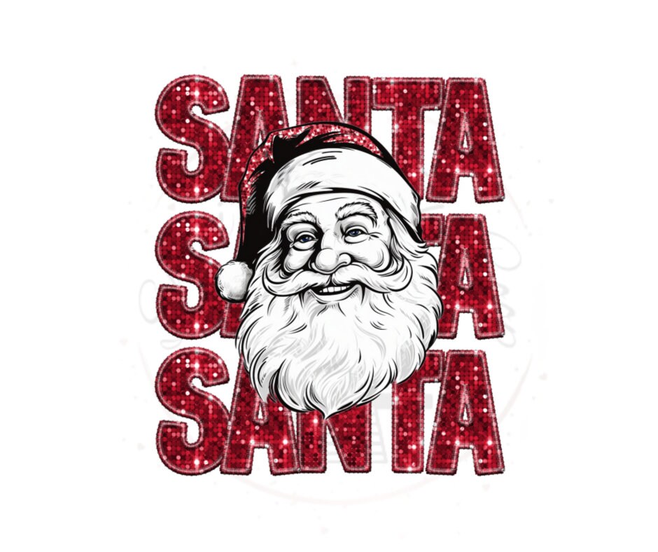 Santa, Santa, Santa Faux Red Glitter Sequin DTF Transfer Print(only) Ready To Press