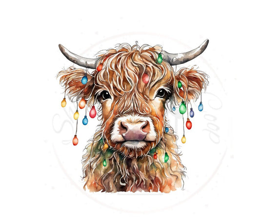 Christmas Highland Cow With Lights DTF Transfer Print(Only) Ready To Press