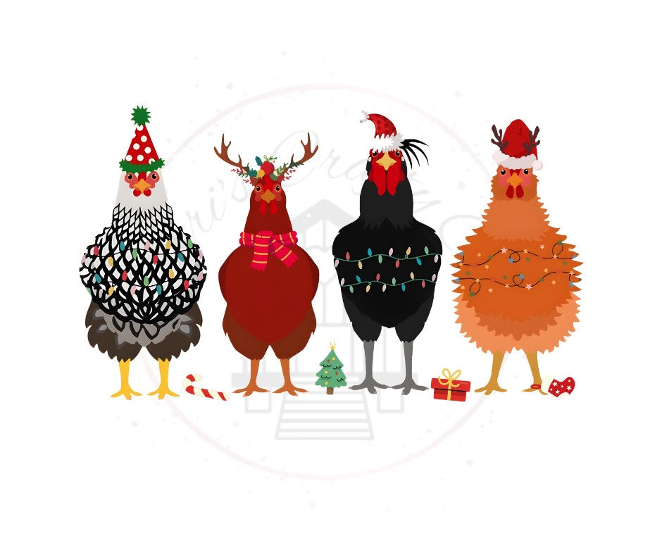 Multi Breed Christmas Chickens With Santa Hats DTF Transfer Print(only) Ready To Press