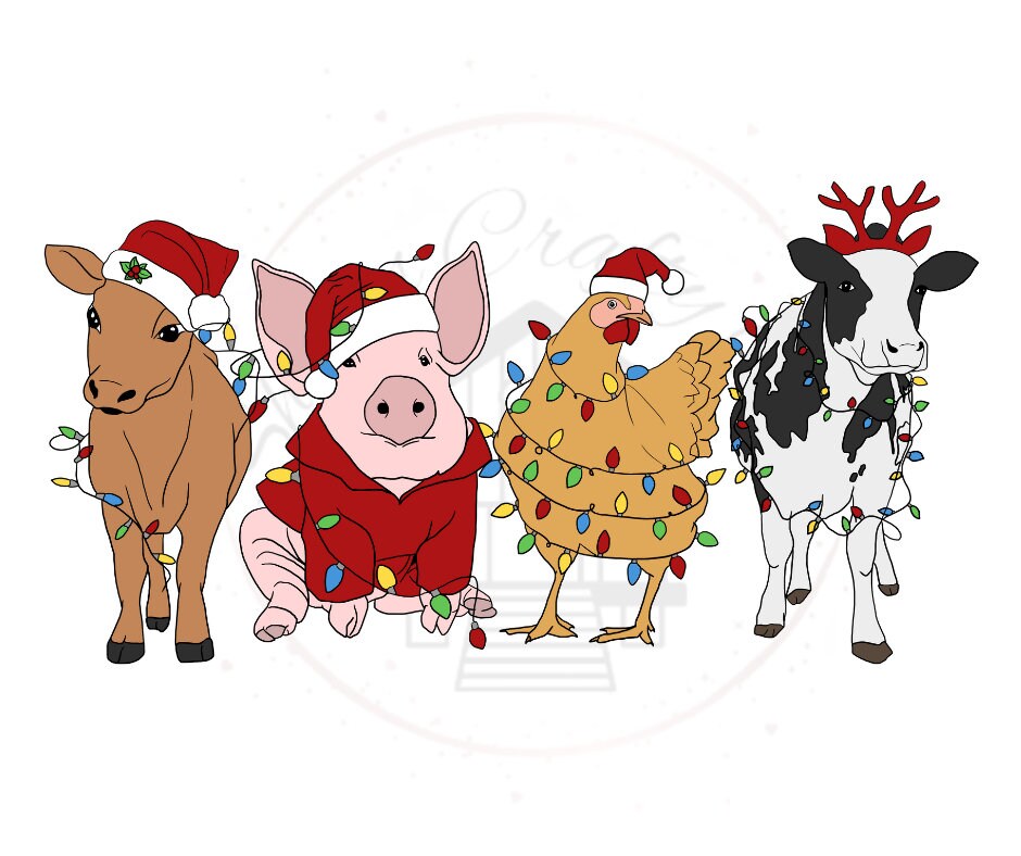 Farm Animals With Christmas Lights DTF Transfer Prints(only) Ready To Press