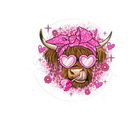 Valentines Highland Cow With Lollipop DTF Transfer Print Ready To Press